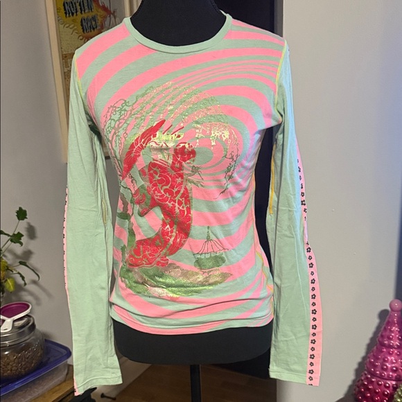 Custo Barcelona Pink and Green Striped Shirt with Red Dragon